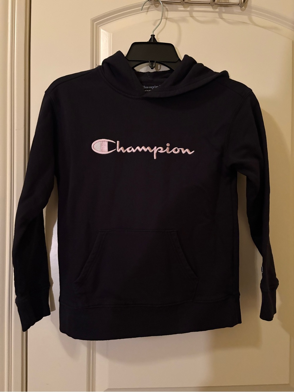 Champion Black Hoodie with Pink Script Logo